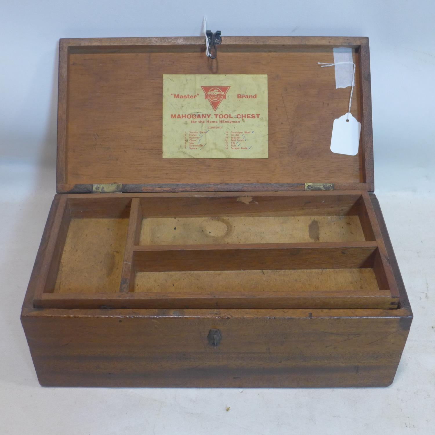 A vintage mahogany tool box with label for 'Salmen master brand', H.15 W.41 D.21cm - Image 3 of 5