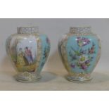 A pair of 19th century Dresden porcelain vases, hand painted with romantic scenes and floral panels,