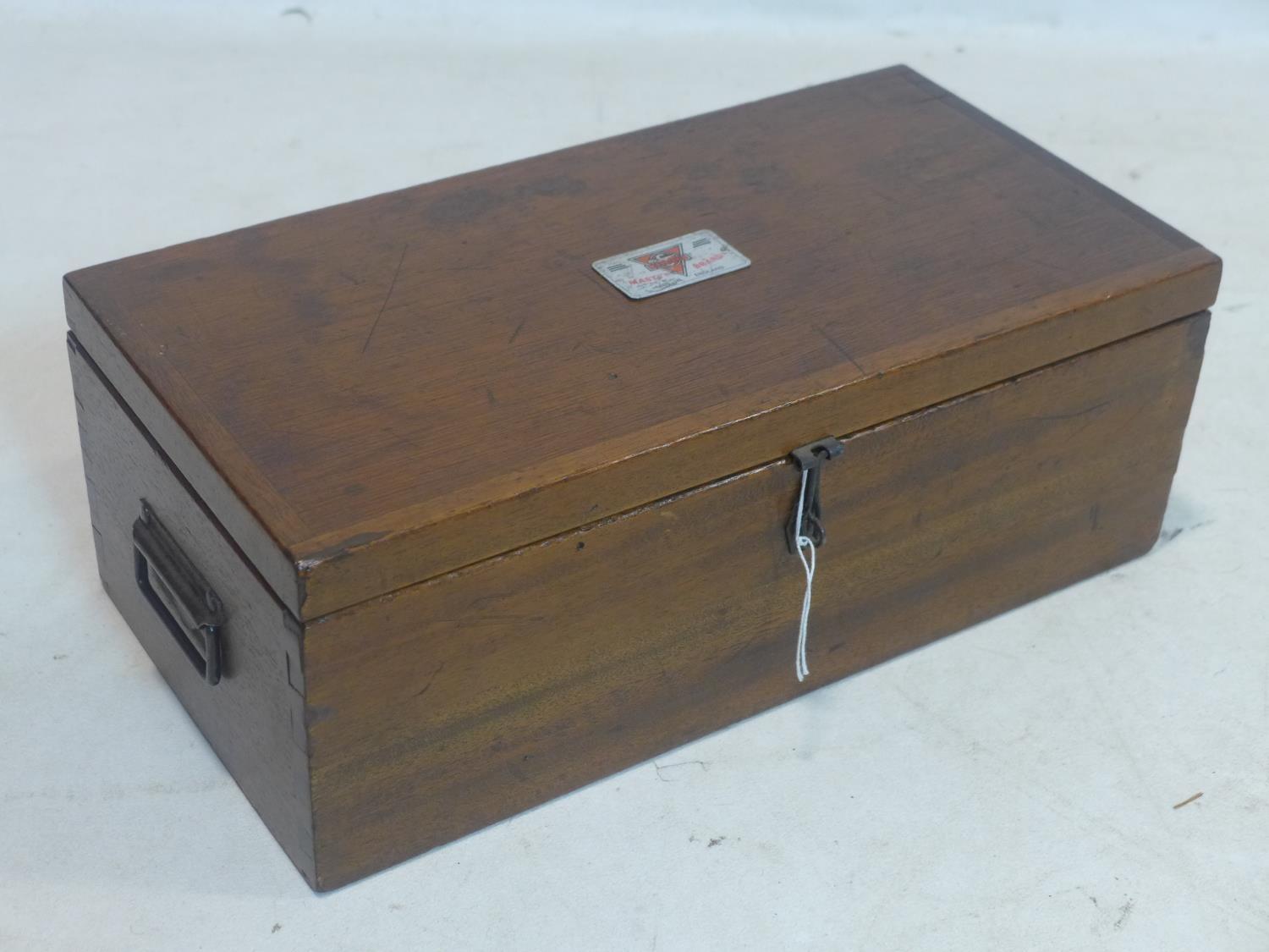 A vintage mahogany tool box with label for 'Salmen master brand', H.15 W.41 D.21cm