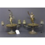 A pair of late 19th/early 20th century French bronze candelabra with Greek figure finials, H.26 W.23