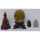 A collection of Chinese items to include 2 jade carvings and 2 soapstone carvings