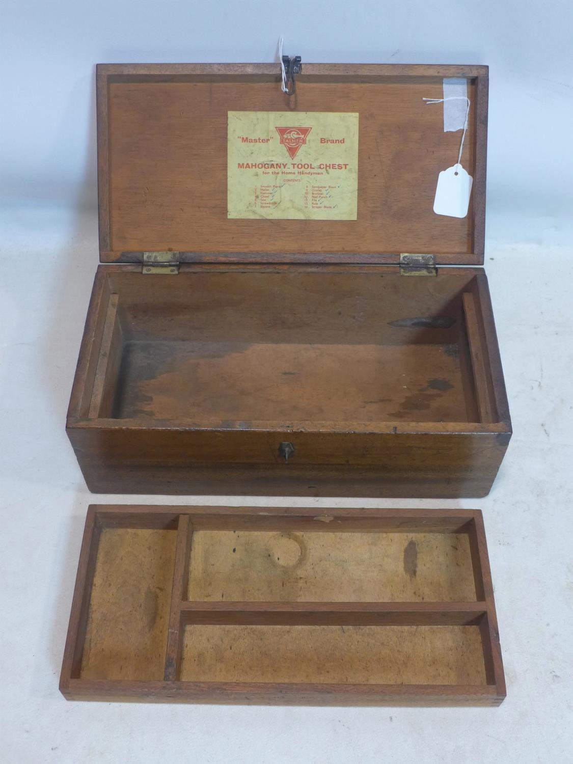 A vintage mahogany tool box with label for 'Salmen master brand', H.15 W.41 D.21cm - Image 5 of 5