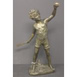 A late 19th/early 20th century cast spelter study of a boy with bat and ball, signed, H.36cm