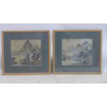 A pair of 20th century Chinese watercolours on silk, mountain scapes, signed, 19 x 21cm