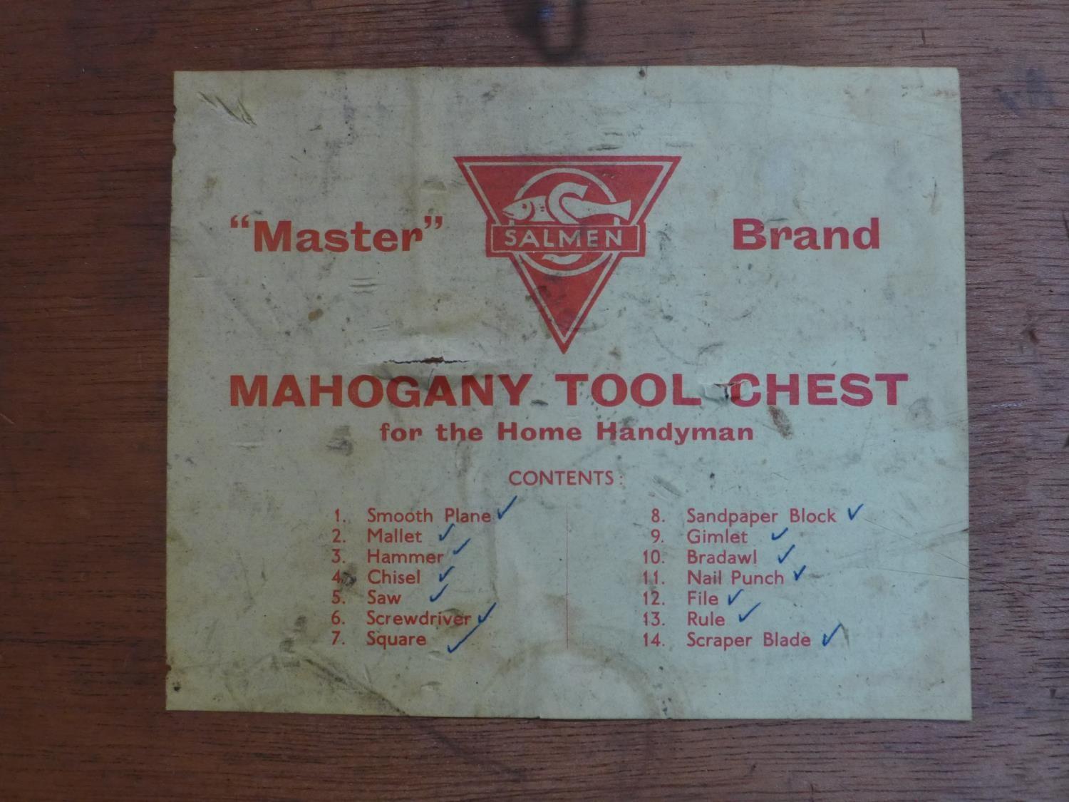 A vintage mahogany tool box with label for 'Salmen master brand', H.15 W.41 D.21cm - Image 4 of 5