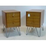 A pair of mid 20th century walnut side chests, raised on hair pin legs, H.52 W.30 D.47cm