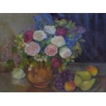A contemporary still life of fruit and flowers, oil on board, signed Judith Terry and dated 7.5.