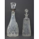 A late 19th/early 20th century crystal decanter with silver collar together with a Victorian glass