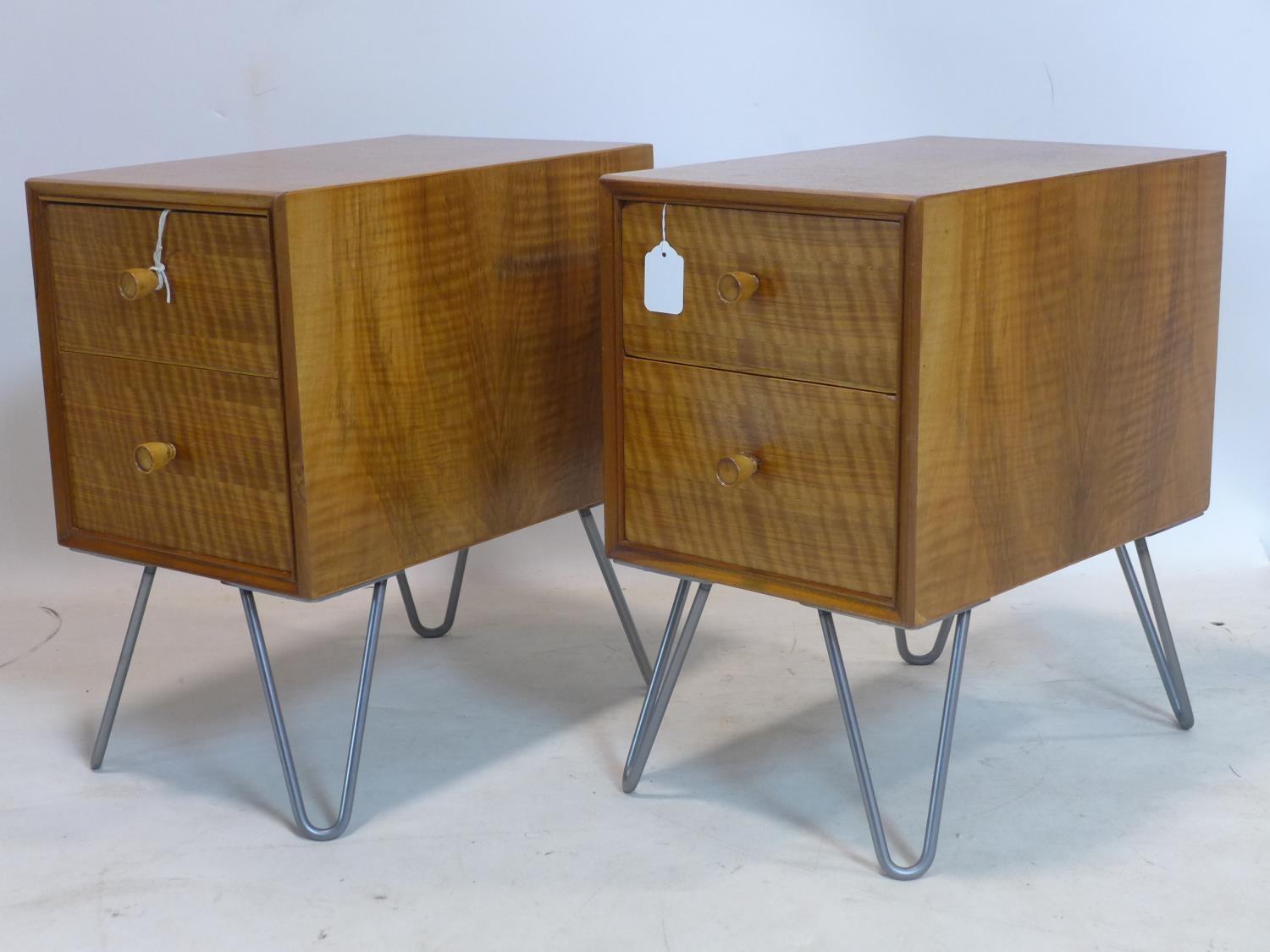 A pair of mid 20th century walnut side chests, raised on hair pin legs, H.52 W.30 D.47cm - Image 2 of 2