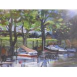 A framed and glazed oil painting of boats, 33 x 43cm