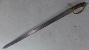 An 18th century English hanger sword, with brass and horn handle, the 60cm blade engraved with