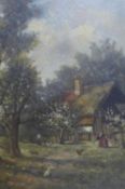 R. Lomschmidt (German school), Figures by a cottage, oil on board, signed lower right, 49 x 39cm