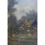 R. Lomschmidt (German school), Figures by a cottage, oil on board, signed lower right, 49 x 39cm