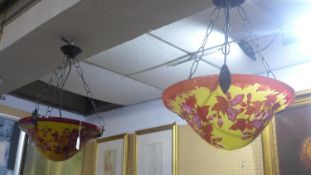 A large pair of Galle style glass ceiling light shades, D.40cm