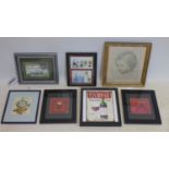 A collection of 7 various prints to include Rubens, Mary Fedden and framed French tin tin first