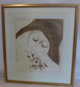 A large Barbara A. Wood print of a lady wearing a hat, signed in pencil lower right, 72 x 63cm