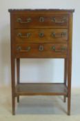 A late 19th century French oak side table, with marble top over 3 drawers, H.76 W.46 D.34cm