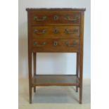 A late 19th century French oak side table, with marble top over 3 drawers, H.76 W.46 D.34cm