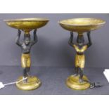 A pair of brass blackamoor tazzas, with some cracks and breaks, H.17cm Diameter 10.5cm