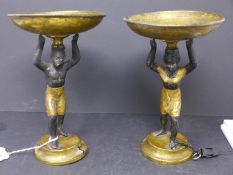 A pair of brass blackamoor tazzas, with some cracks and breaks, H.17cm Diameter 10.5cm