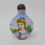 A 19th century Chinese snuff bottle, decorated with Classical maidens, bearing four character