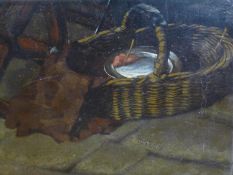 A still life of a basket on the street, oil on board, in gilt frame, 17 x 22cm