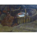 A still life of a basket on the street, oil on board, in gilt frame, 17 x 22cm