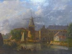 Gerhardus Meijer (1816-1875), Townscape with Windmill by a river, oil on canvas, signed and dated