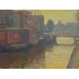 Marie Henry Mackenzie (Dutch, 1878-1961), Boats on a canal, oil on canvas laid down, inscribed to