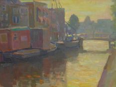 Marie Henry Mackenzie (Dutch, 1878-1961), Boats on a canal, oil on canvas laid down, inscribed to