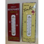 Two vintage enamelled advertising signs/thermometers for Tom Long cigarettes and sweet rosemary