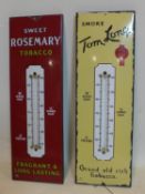 Two vintage enamelled advertising signs/thermometers for Tom Long cigarettes and sweet rosemary