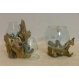 Two terrariums, with molten glass vases on teak root bases, H.29cm; H.27cm (2)