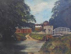 A 19th oil on board depicting bridge leading to a manor house, in gilt frame, 20 x 25cm