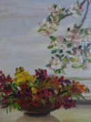 A 20th century oil on canvas of flowers in a vase on a window sill and a cherry blossom branch,