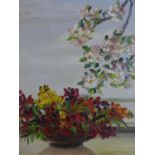 A 20th century oil on canvas of flowers in a vase on a window sill and a cherry blossom branch,