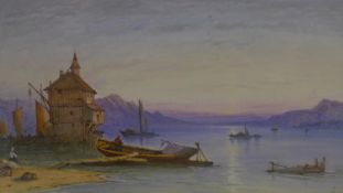 A late 19th century watercolour of Lake Constance, signed 'J. Culiune' (?) to lower right, 24 x 48cm