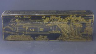 A late 19th / early 20th century Chinese gilt and black box, decorated with traditional scene, H.