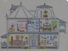 A late 20th century needle work embroidery of a house, 39 x 52cm