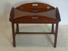 A mahogany butlers tray fitted to stand, H.58 W.71 D.48cm