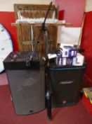 A Peavey HIsys 2XT speaker together with a turbo sound speaker, a Numark mixer and other items