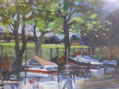 A framed and glazed oil painting of boats, 33 x 43cm