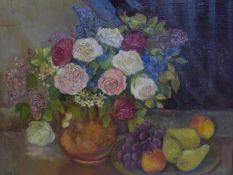 A contemporary still life of fruit and flowers, oil on board, signed Judith Terry and dated 7.5.