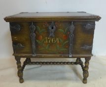 An 18th century style oak chest/trunk on stand, H.68 W.76 D.44cm