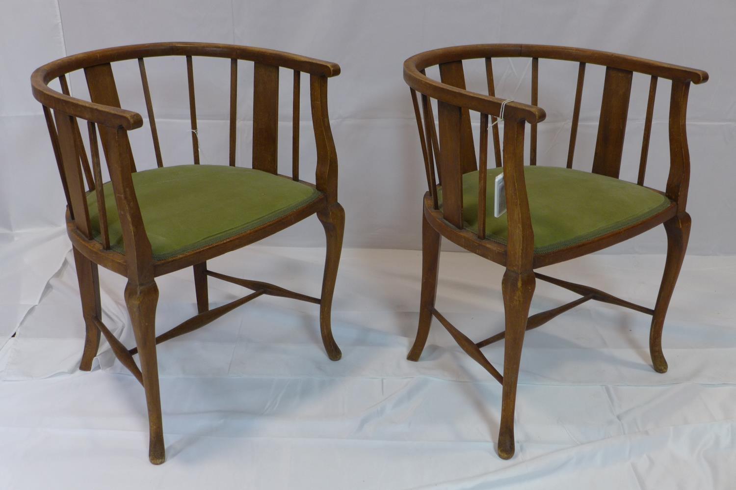 A pair of Edwardian mahogany tub chairs with velour seats - Image 2 of 4