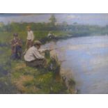 An early 20th century oil on canvas of man fishing with his 2 sons, laid to board, signed Juul, in