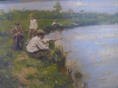 An early 20th century oil on canvas of man fishing with his 2 sons, laid to board, signed Juul, in