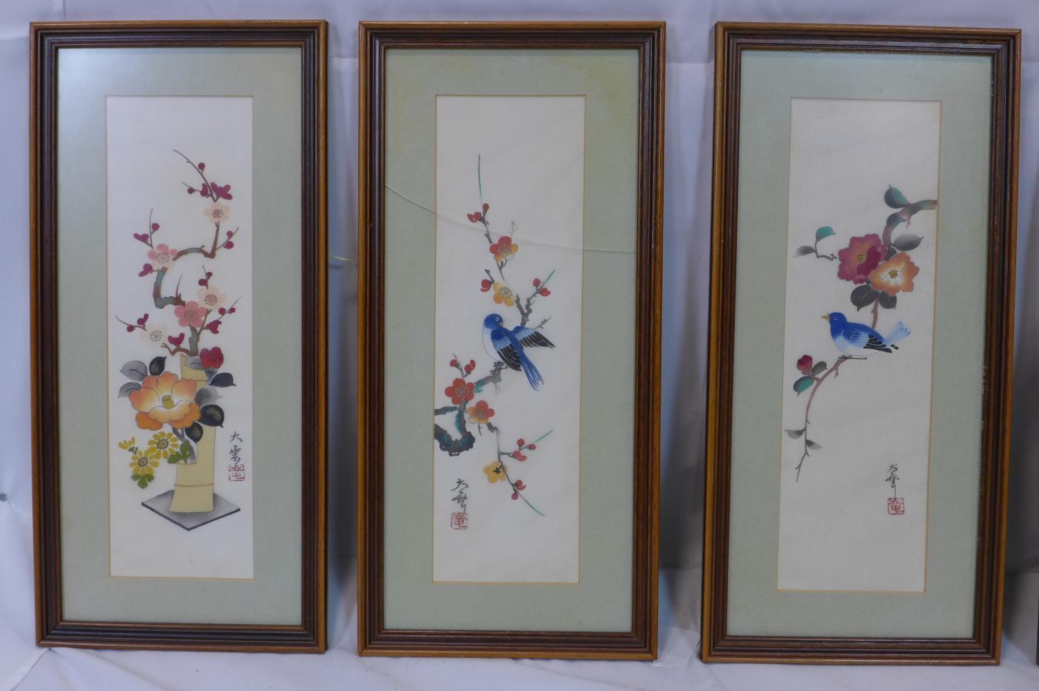 A set of six Chinese paintings on textile of flowers and birds, each signed and with red seal - Image 2 of 3