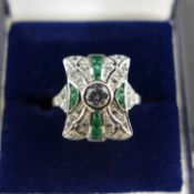 An Art Deco style silver, cubic zirconia and emerald ring, size P