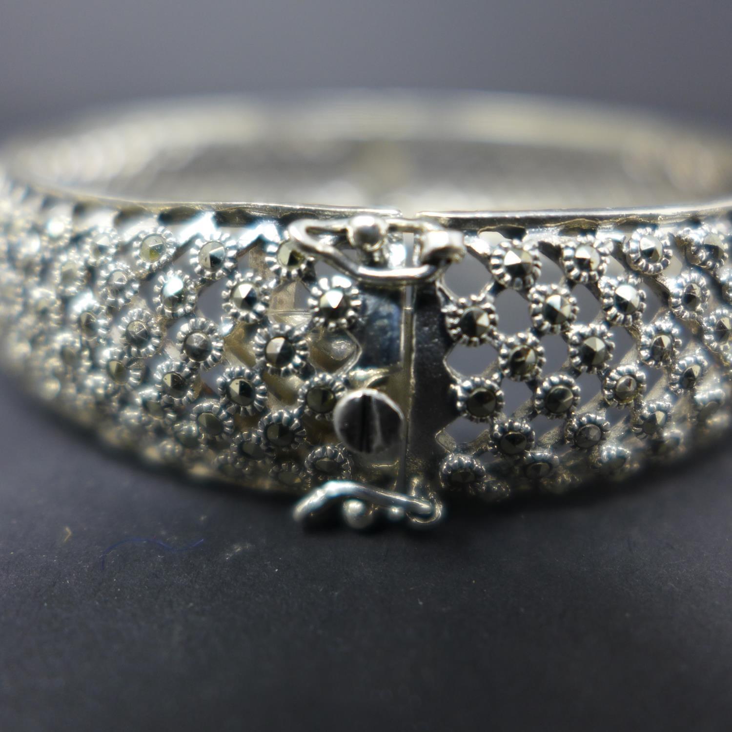 A silver and marcasite hinged bangle, Diameter 6.5cm - Image 3 of 3